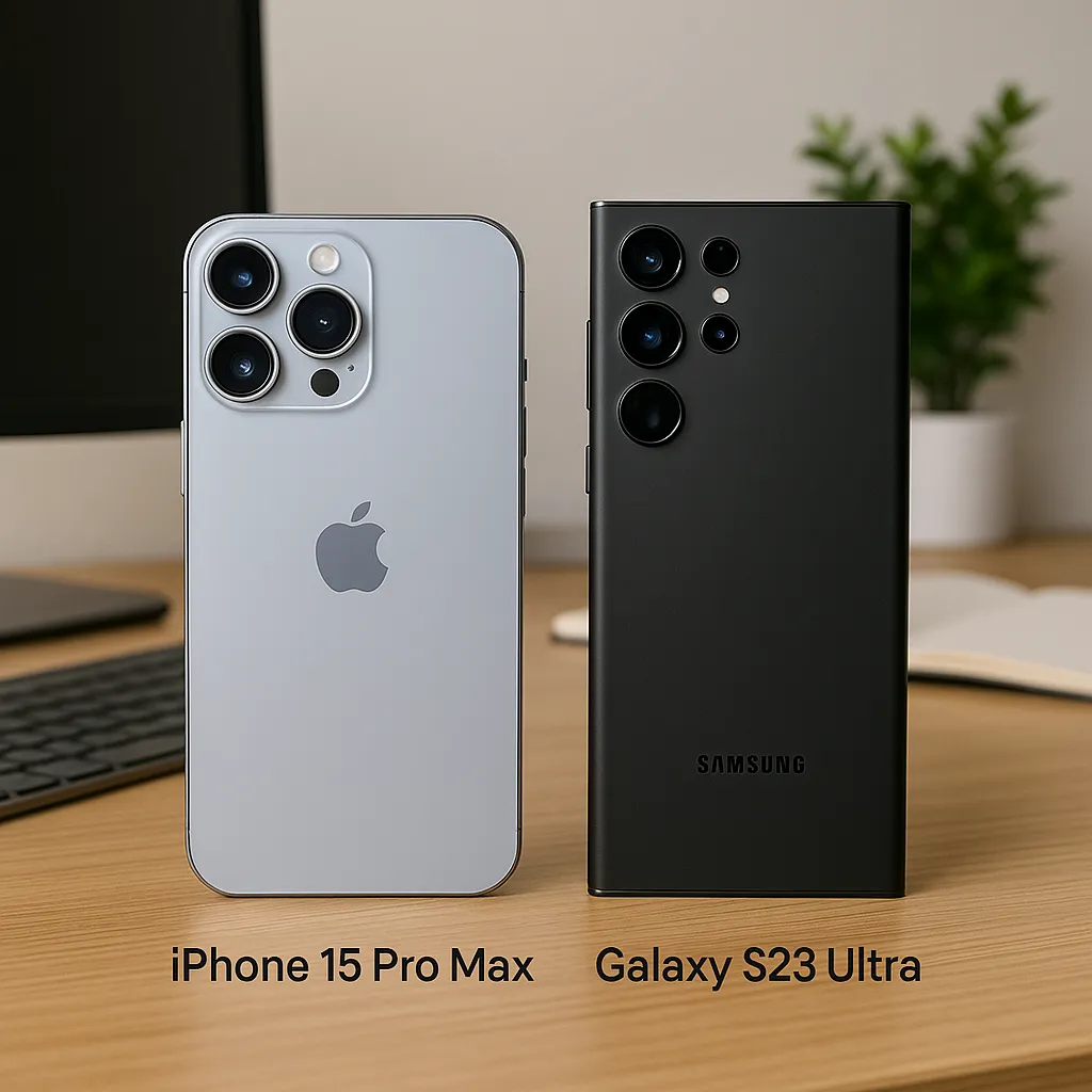 책상 위에 나란히 놓인 아이폰 15 프로 맥스와 갤럭시 S23 울트라 비교 이미지