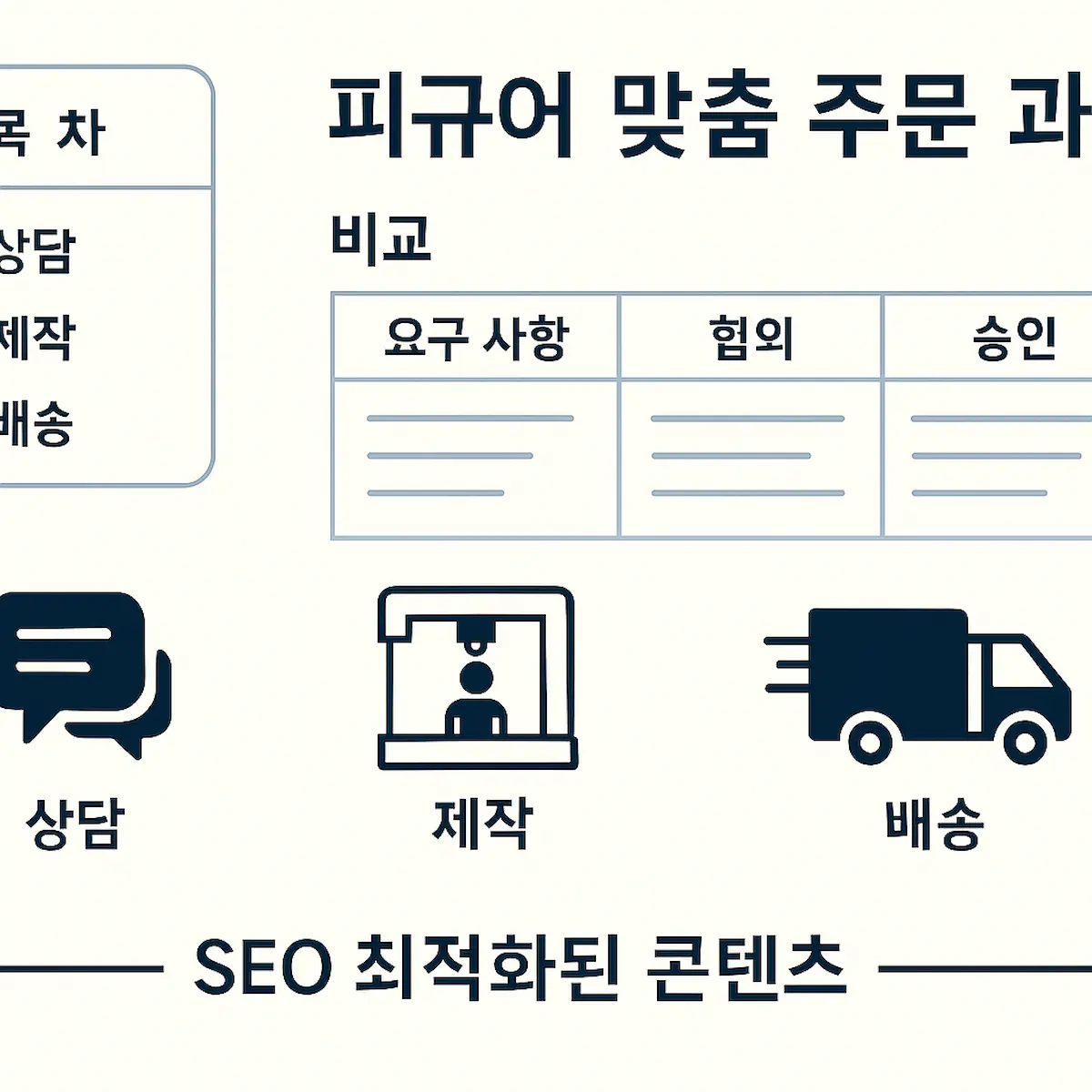 피규어 맞춤 주문 프로세스 상담, 제작, 배송을 표와 목차, 주요 내용, SEO 최적화 구조로 정리한 블로그 이미지