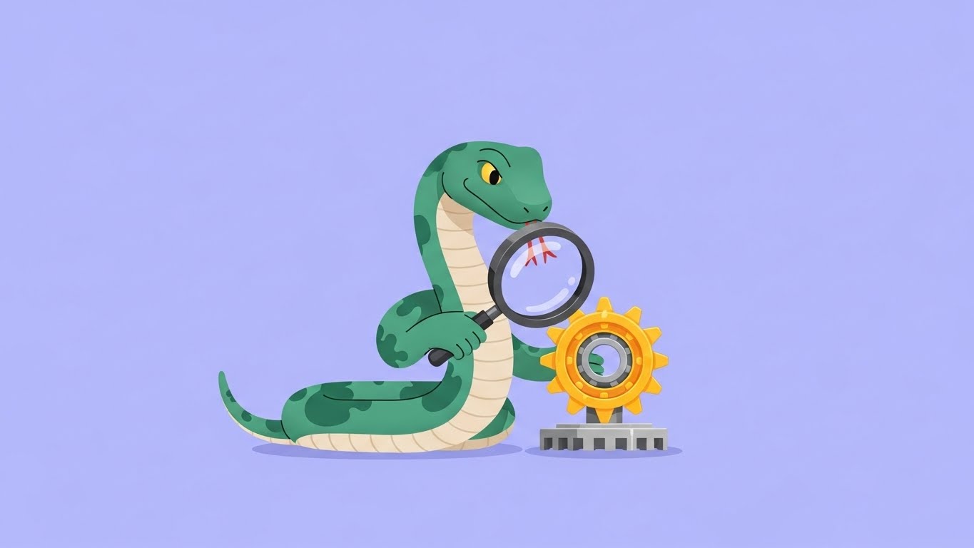 돋보기로 기계 핵심 장치를 분석하는 통찰력 있는 뱀 캐릭터의 2D 플랫 벡터 일러스트