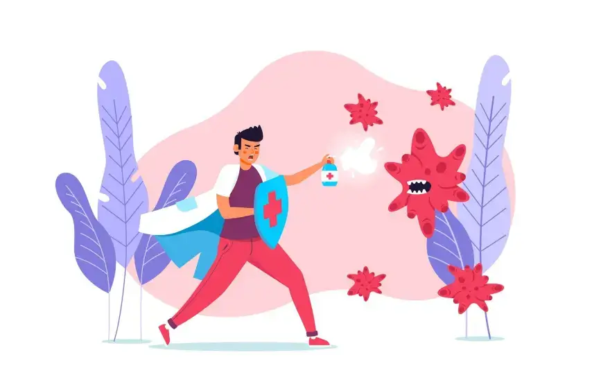 봄철 미세먼지와 유해 세균으로부터 건강을 지키기 위해 방어하는 캐릭터 일러스트 이미지, 미세먼지 대처법을 상징적으로 표현