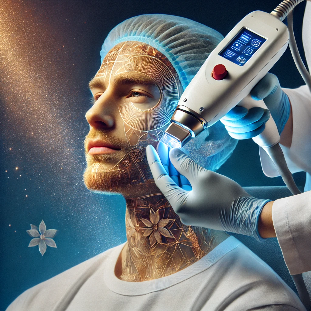 피부과에서 IPL 레이저 시술을 통해 색소 침착과 피부 톤을 개선하고 있는 장면