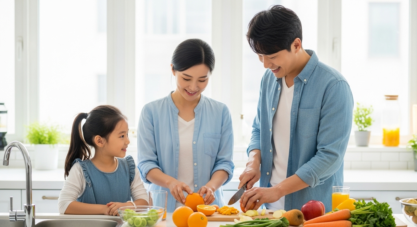 재료를 정성껏 손질해 주스를 만드는 가족