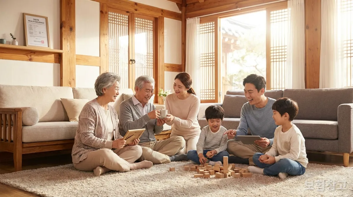 노부모를 부양하며 건강보험 혜택을 논의하는 한국인 3세대 가족