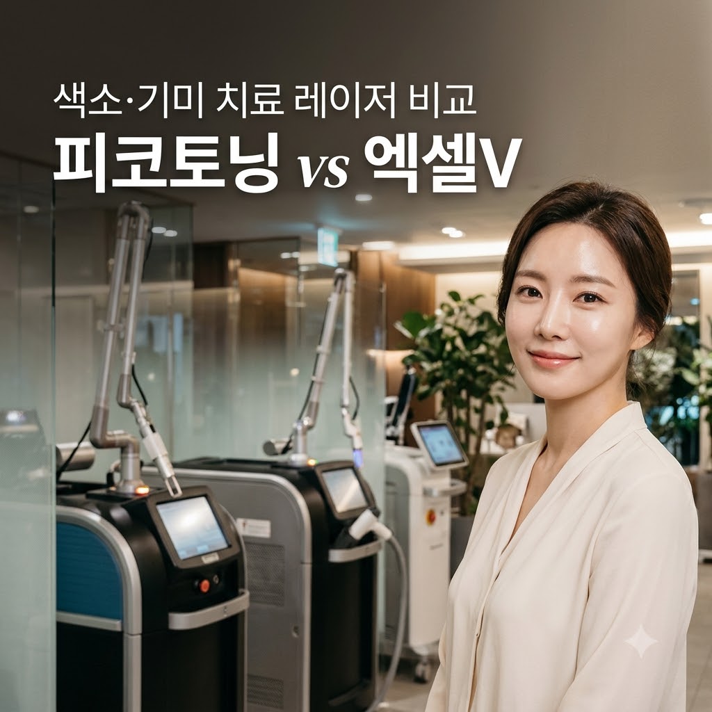 피코토닝과 엑셀V 시술의 차이점을 한눈에 보여주는 대표 썸네일 이미지로, 색소 레이저 선택 가이드의 주제를 연출