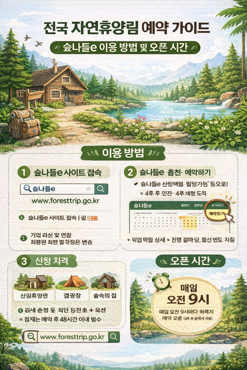 전국 자연휴양림 예약 가이드: 숲나들e 이용 방법 및 오픈 시간
