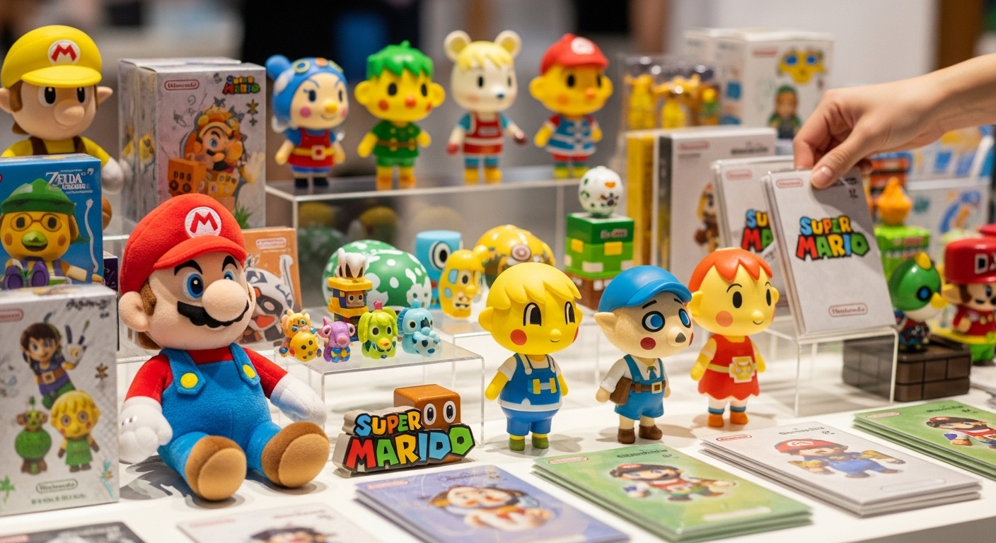 닌텐도 팝업스토어 굿즈샵에 진열된 마리오, 동물의 숲, 젤다 한정판 피규어와 봉제인형.