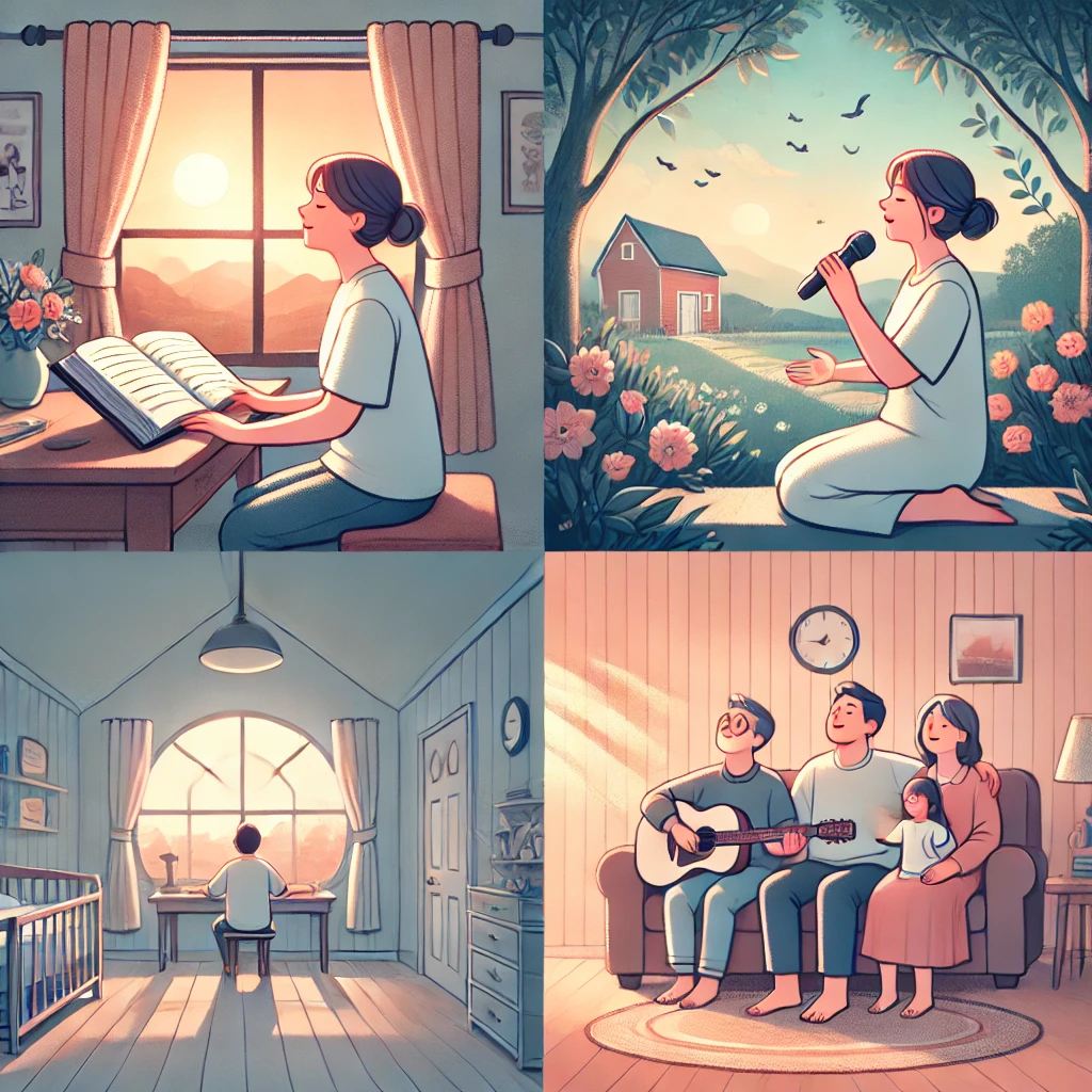 주님을 찬양하며 하루를 보내는 모습이 담긴 그림이 있습니다. 아침에는 창가에서 성경을 보며 찬양하고, 낮에는 하늘을 바라보며 기쁨으로 노래하며, 저녁에는 가족과 함께 따뜻한 분위기 속에서 찬양하는 모습을 표현했습니다. 평안하고 은혜로운 하루의 흐름을 담았습니다. 🎶✨