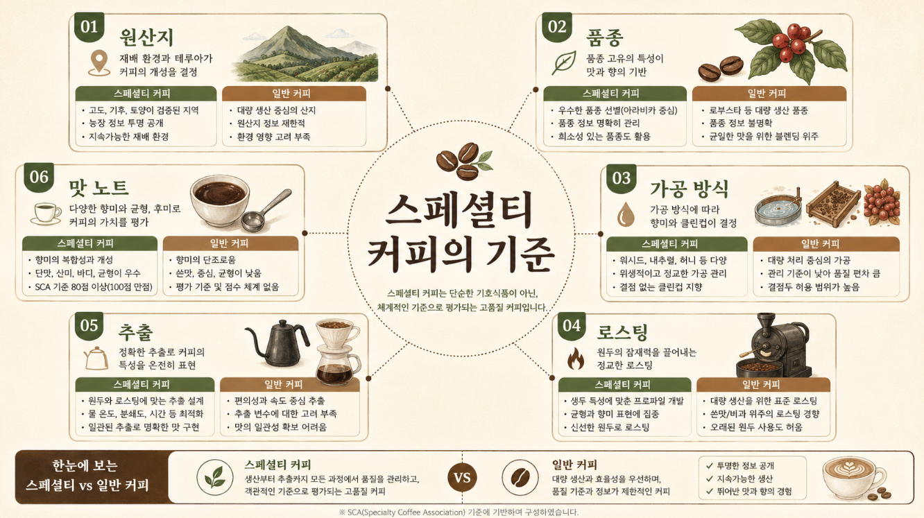 스페셜티 커피의 원산지, 품종, 가공 방식, 로스팅, 맛 노트를 정리한 인포그래픽
