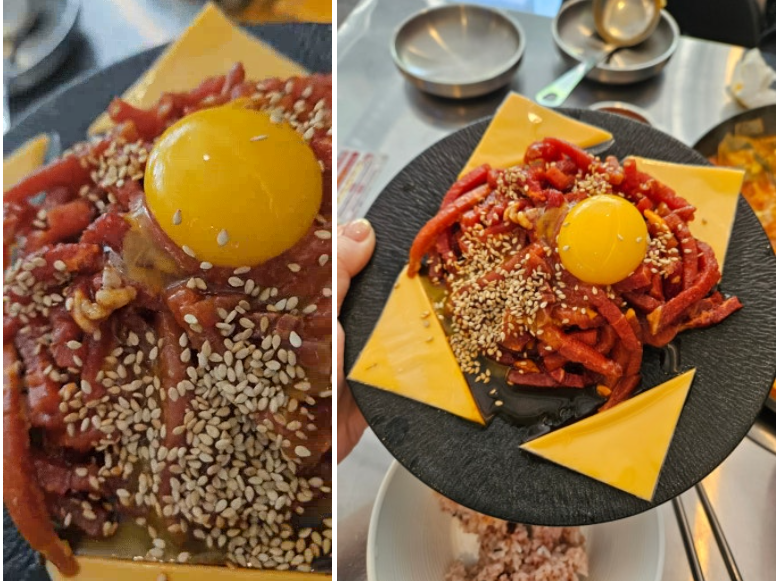 고소한 참기름 향과 노른자가 얹어진 신선한 소고기 육회 한접시