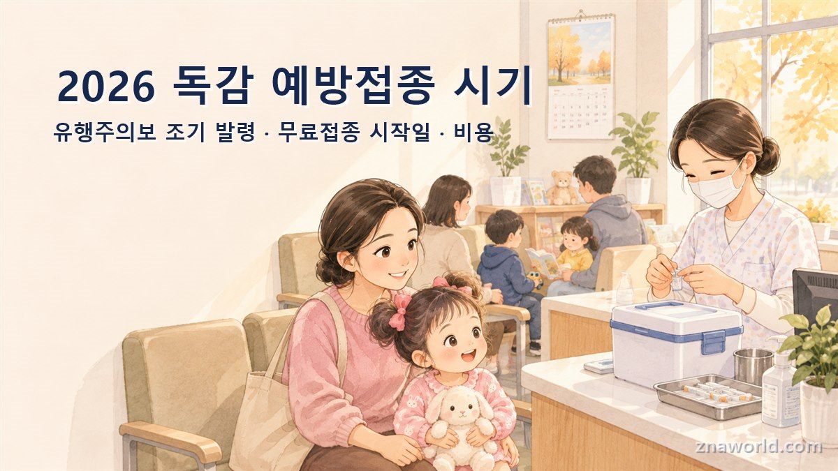 2026 독감 예방접종 시기 총정리 — 소아청소년과 대기실과 백신 상자