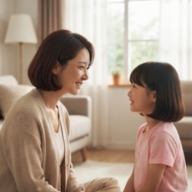 아이와 마주 앉아 눈을 맞추며 이야기하는 모습