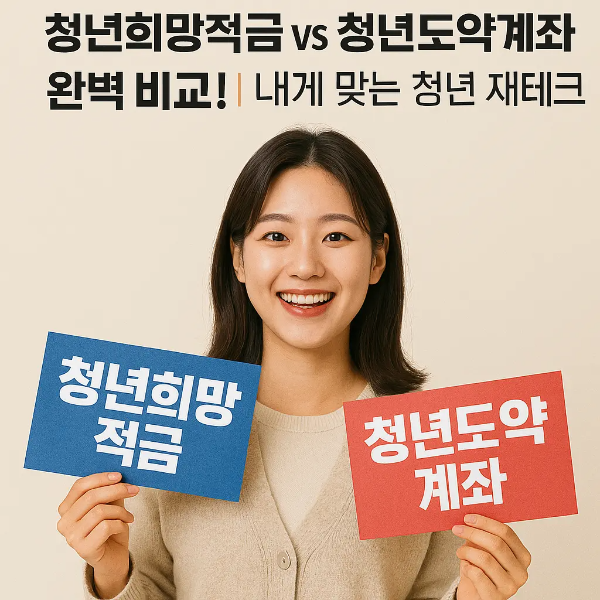 청년희망적금과 청년도약계좌 팻말을 들고 미소 짓는 한국인 여성이 청년 재테크 선택법을 소개하는 이미지