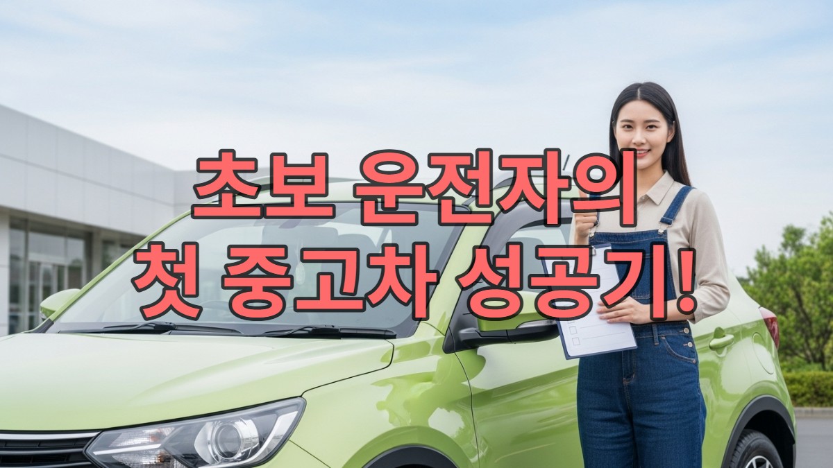 초보 운전자가 2025년 중고차 구매 체크리스트를 들고 깨끗한 중고차 옆에서 자신감 있게 웃는 모습
