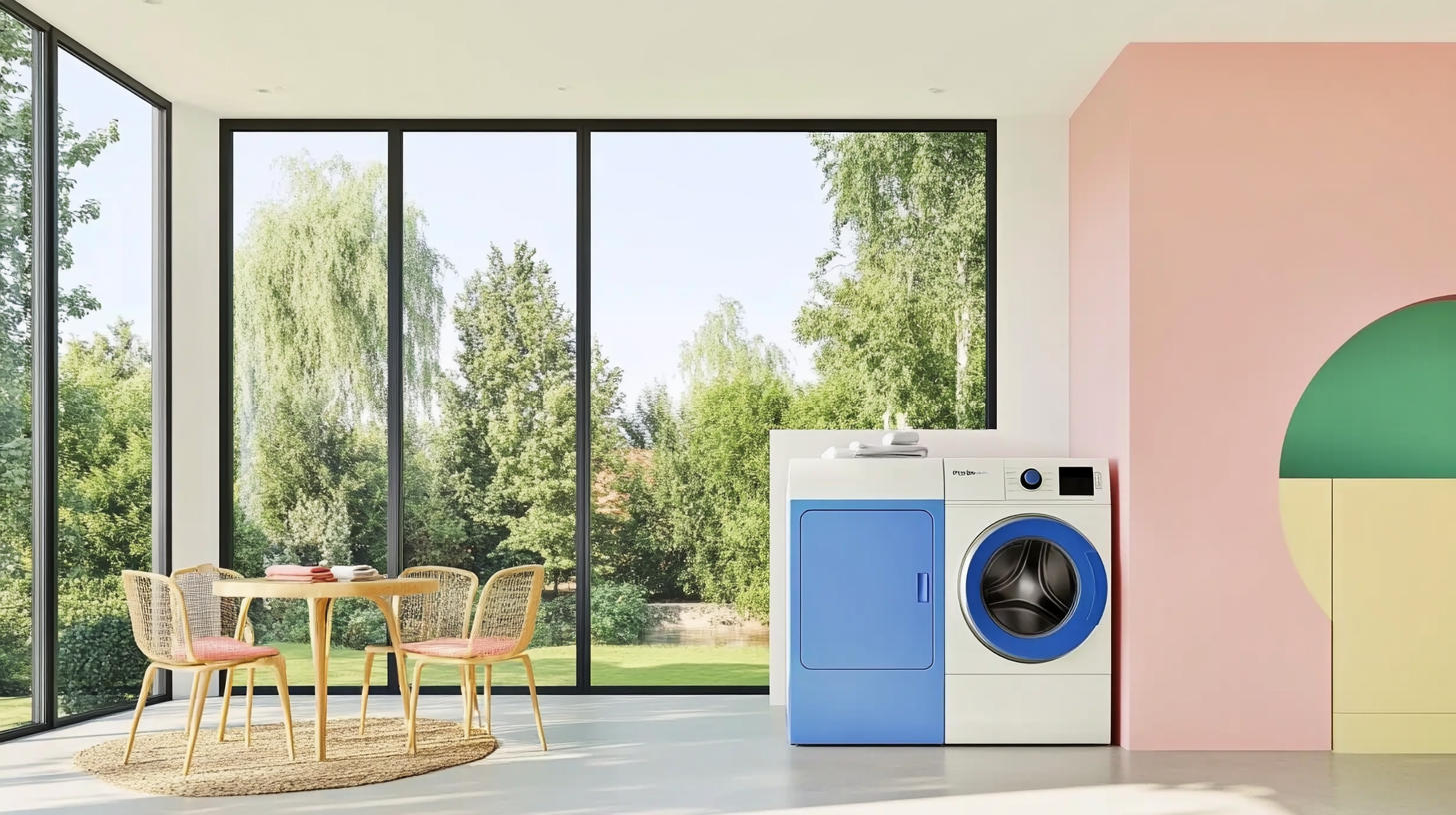 대형 창문이 있는 미니멀리스트 세탁실에 배치된 현대적인 AI 세탁기로, 세련된 디자인으로 세탁의 효율성을 강조합니다.