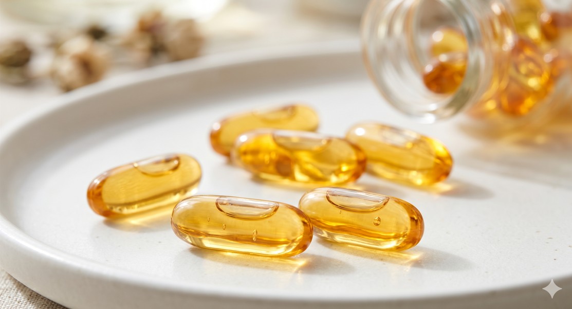 황금빛 오일이 담긴 투명한 스쿠알렌 소프트 캡슐