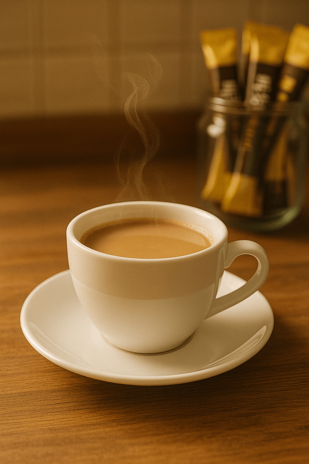 믹스커피 한잔과 커피믹스가 여러개 들어있는 유리병이 나무 테일블 위에 놓여있다.