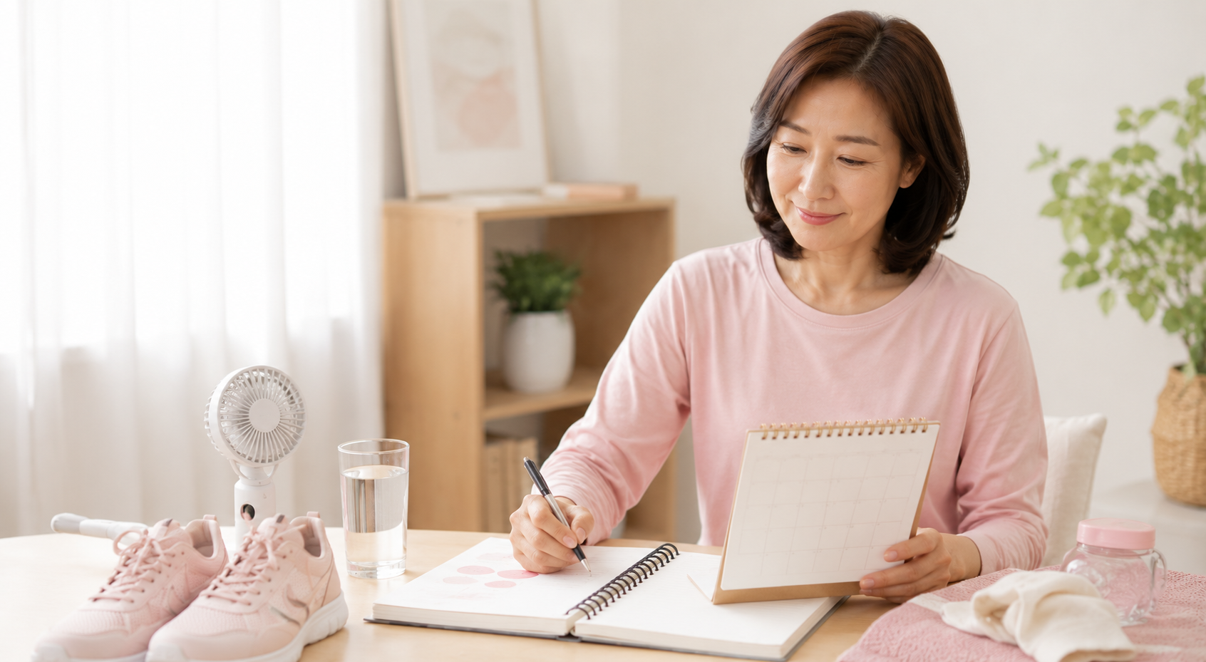 생리와 안면홍조 수면 상태를 기록하며 갱년기 건강을 점검하는 여성