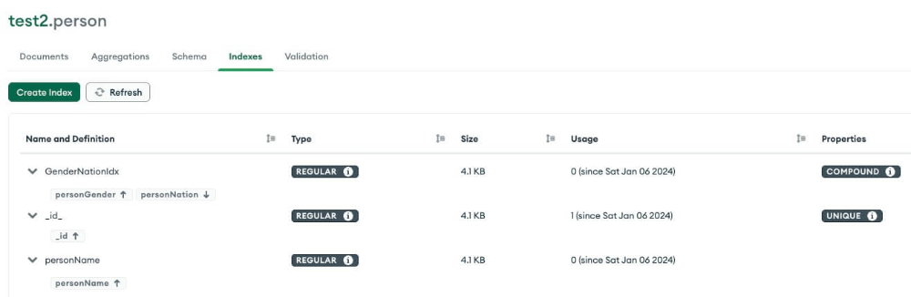 test2 DB의 person collection에 Index생성