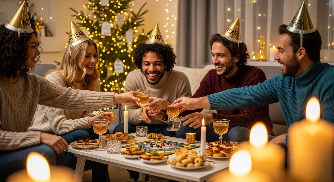 따뜻하고 아늑한 분위기에서 새해 홈파티를 즐기는 가족과 친구들
