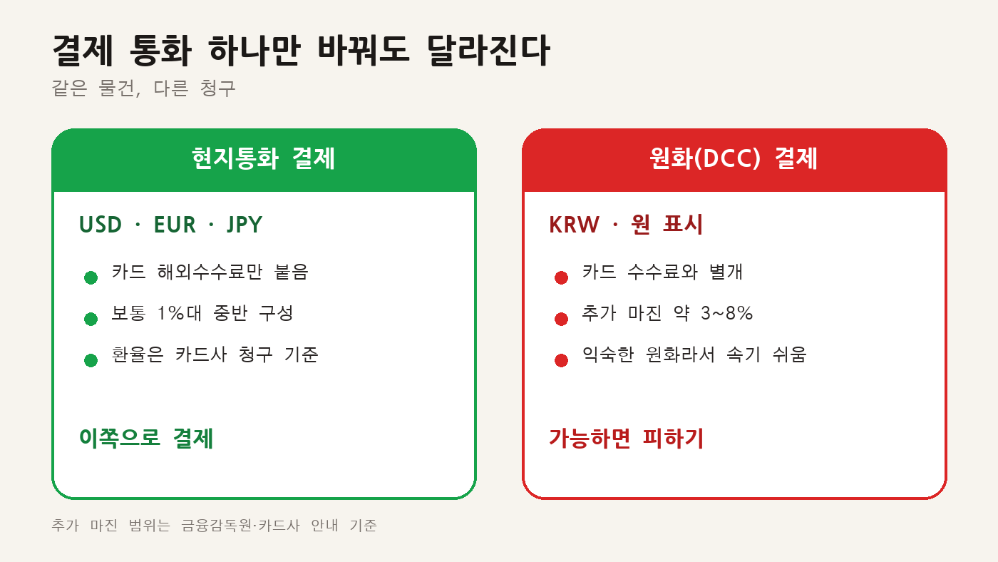 현지통화 결제와 원화(DCC) 결제 비교: DCC는 카드 수수료와 별개로 약 3~8% 추가 마진