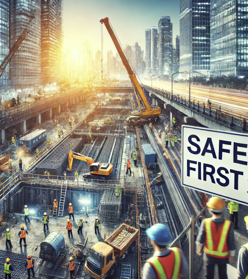 건설 현장에서 안전 규칙을 강조하며 작업 중인 근로자들