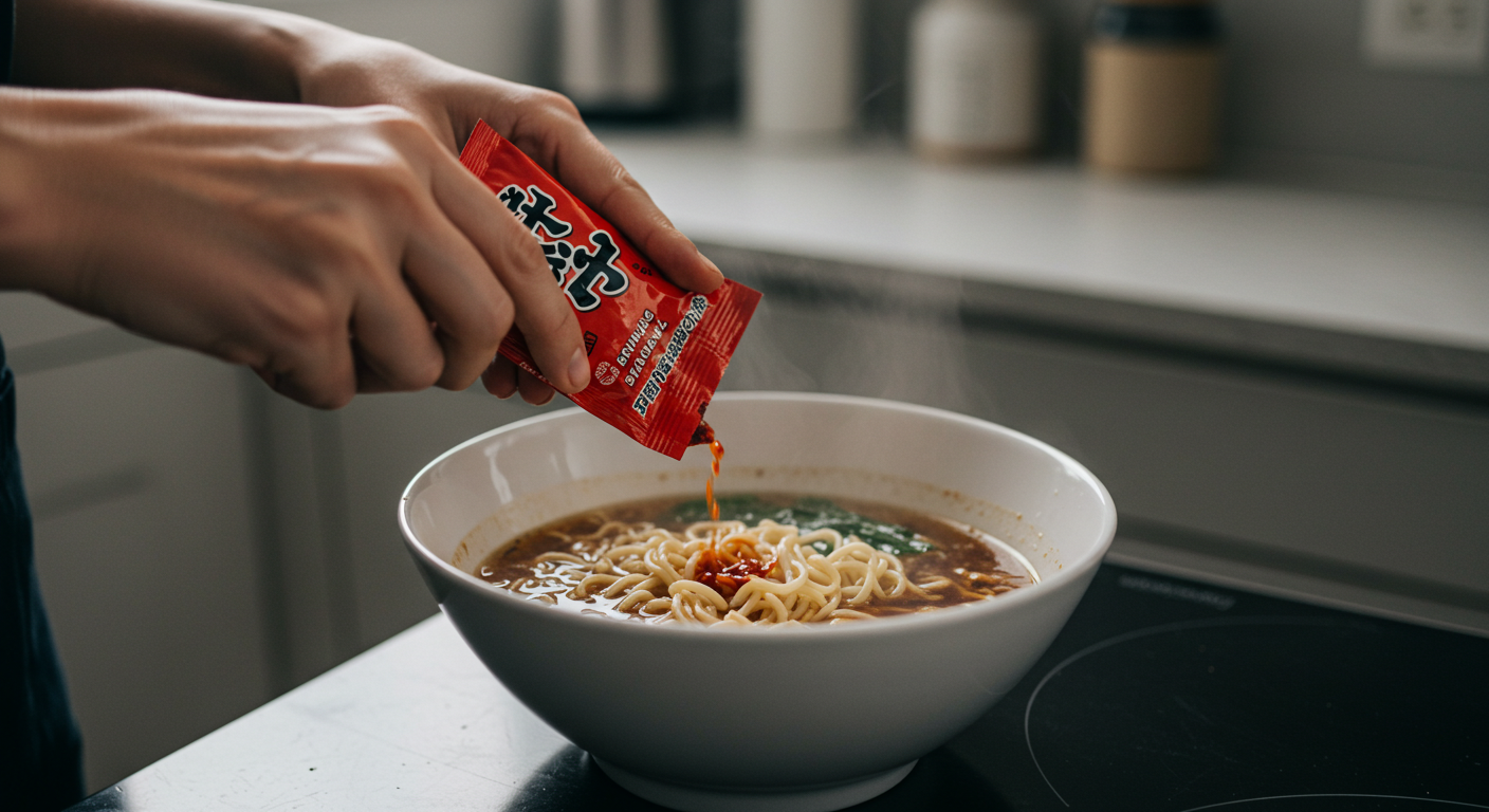 라면 스프 절반만 넣는 장면