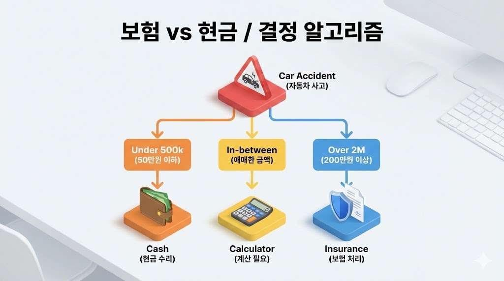 자동차 사고 시 보험 처리와 현금 수리를 결정하는 흐름도
