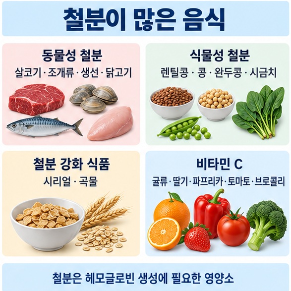 동물성 철분 식물성 철분 철분 강화 식품 비타민 C 식품을 구분해 정리한 인포그래픽