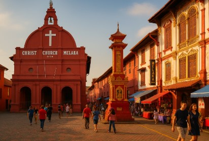 붉은색 크리스트 교회와 페라나칸 상점이 있는 말레이시아 믈라카 거리 풍경