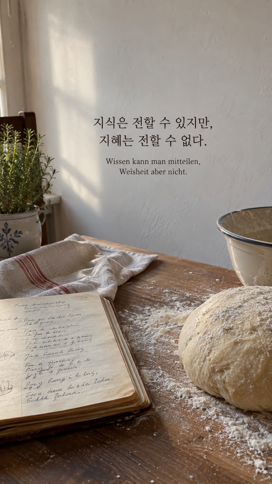 독일어 명언 15 헤르만 헤세 지식은 전할 수 있지만, 지혜는 전할 수 없다. — 반죽 곁에 놓인 오래된 요리 노트