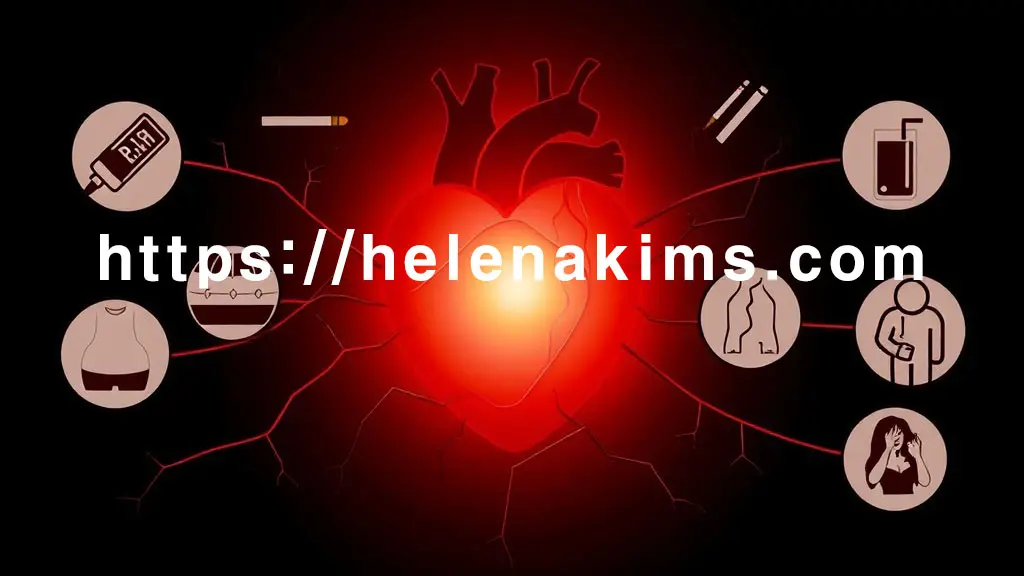 중앙에 인간 심장 실루엣이 있고, 심장 주위에는 고혈압, 당뇨, 흡연, 과음, 비만, 스트레스를 상징하는 아이콘들이 위협적으로 둘러싸고 있는 이미지.