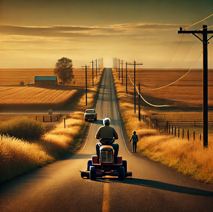 조용한 시골길을 달리는 노인의 느린 여정