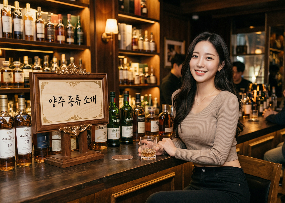 양주의 종류 소개 표지판 옆에 있는 양주잔을 들고 있는 젊은 여성
