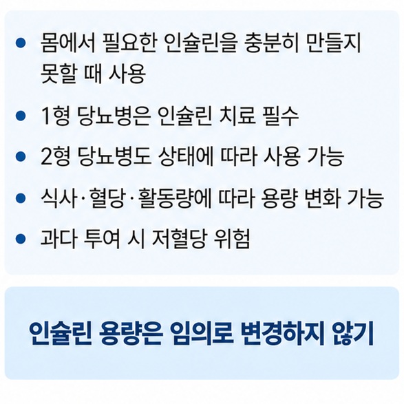 인슐린 주사가 필요한 이유와 혈당, 식사, 활동량, 저혈당 위험을 함께 확인하는 이미지