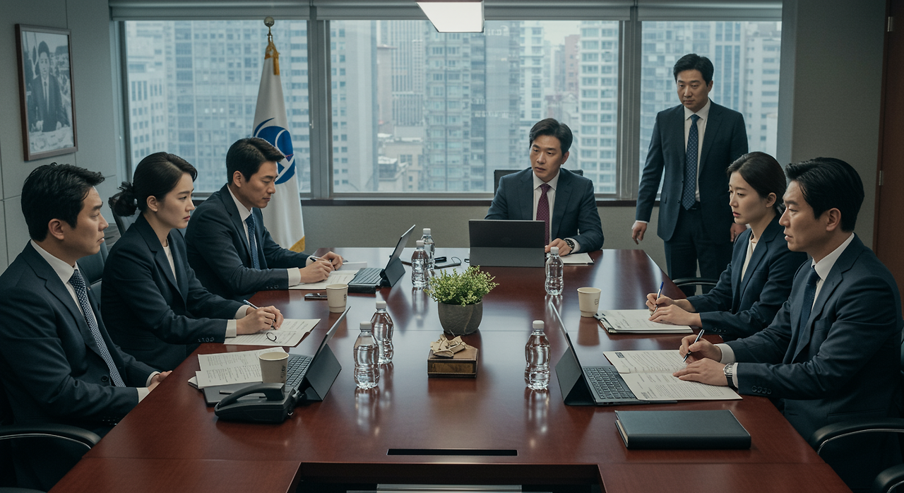 이사회 회의실에서 법적 문제를 논의하는 한국의 임원들