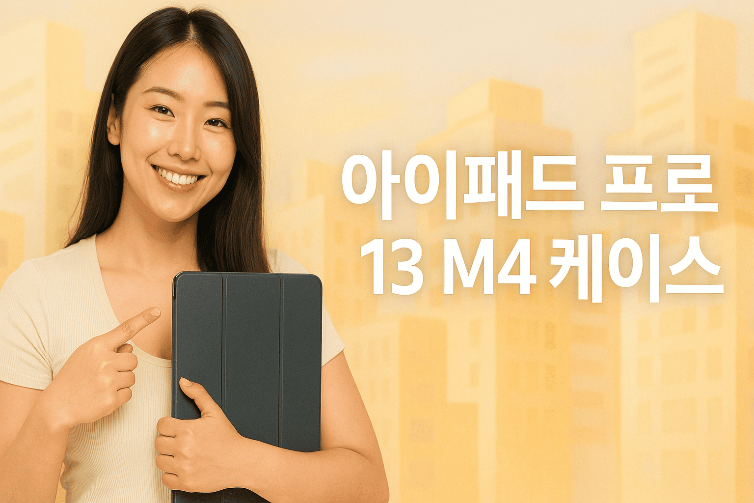 아이패드-프로-13-M4-케이스-긴-생머리-한국인-여성-크림색-티셔츠-입고-검정-삼단-접이식-아이패드-케이스-가슴에-안고-한손으로-가리킴-따뜻하고-부드러운-톤의-추상화된-건물배경-우측에-아이패드-프로-13-M4-케이스-텍스트