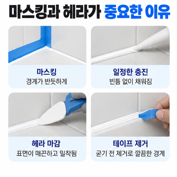 마스킹테이프 일정한 충진 헤라 마감 테이프 제거가 각각 왜 필요한지 비교한 이미지