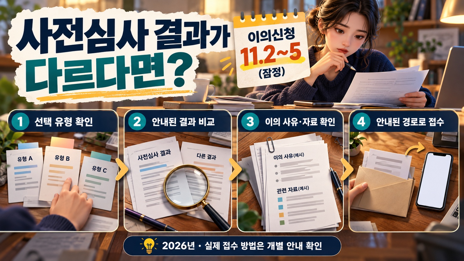 선택 유형 확인과 사전 결과 비교, 이의 사유·자료 확인, 안내된 경로로 접수하는 흐름과 이의신청 잠정 날짜를 설명한 인포그래픽