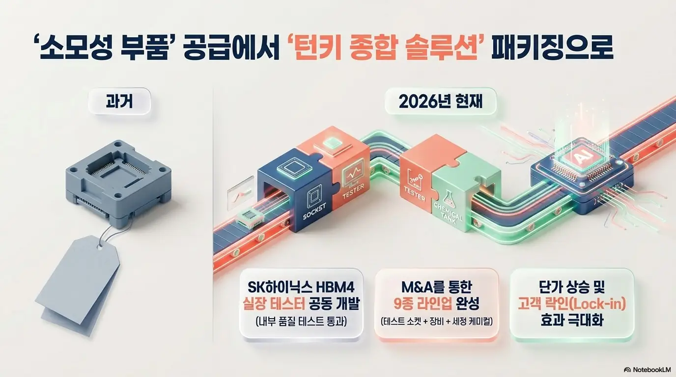 ISC 주가 전망: ISC가 소모성 부품 공급에서 턴키 종합 솔루션 패키징으로 전환하는 과정을 보여주는 인포그래픽. SK하이닉스 HBM4 실장 테스터 공동 개발&amp;#44; M&amp;A를 통한 9종 라인업 완성&amp;#44; 단가 상승과 고객 락인 효과를 시각적으로 전달함.