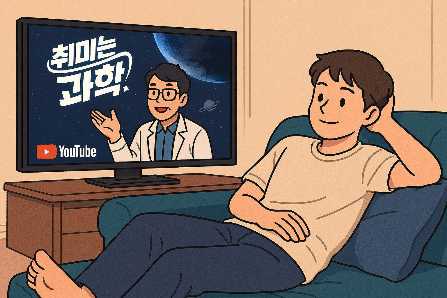 쇼파에 편하게 누워 TV로 과학 유튜브를 시청하는 사람의 만화 스타일 일러스트