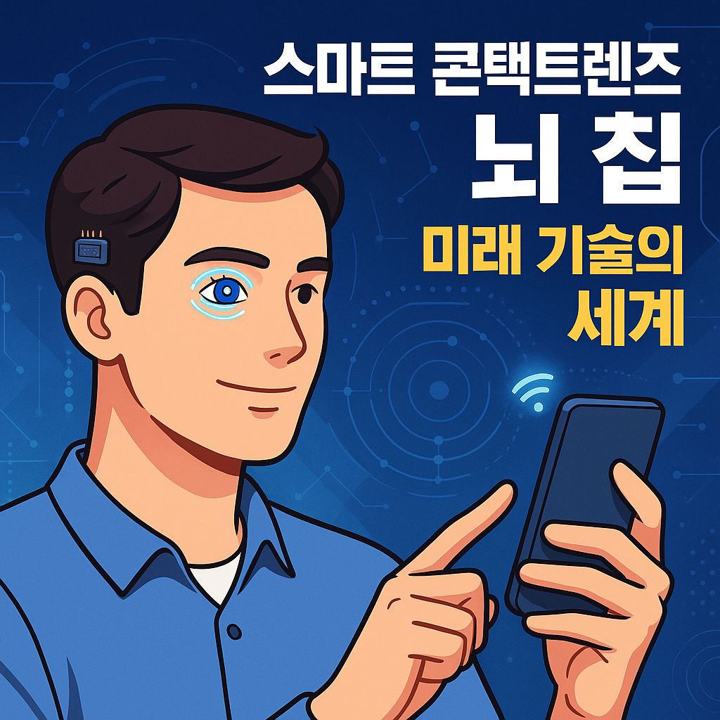 안경 대신 스마트 콘택트렌즈를 착용한 젊은 남성이 증강현실 화면을 보는 듯한 장면. 눈동자 위로 투명한 인터페이스 아이콘과 홀로그램이 떠 있으며, 배경에는 미래적인 도시와 디지털 그래픽이 어우러져 AI와 인간의 융합을 상징하는 모습