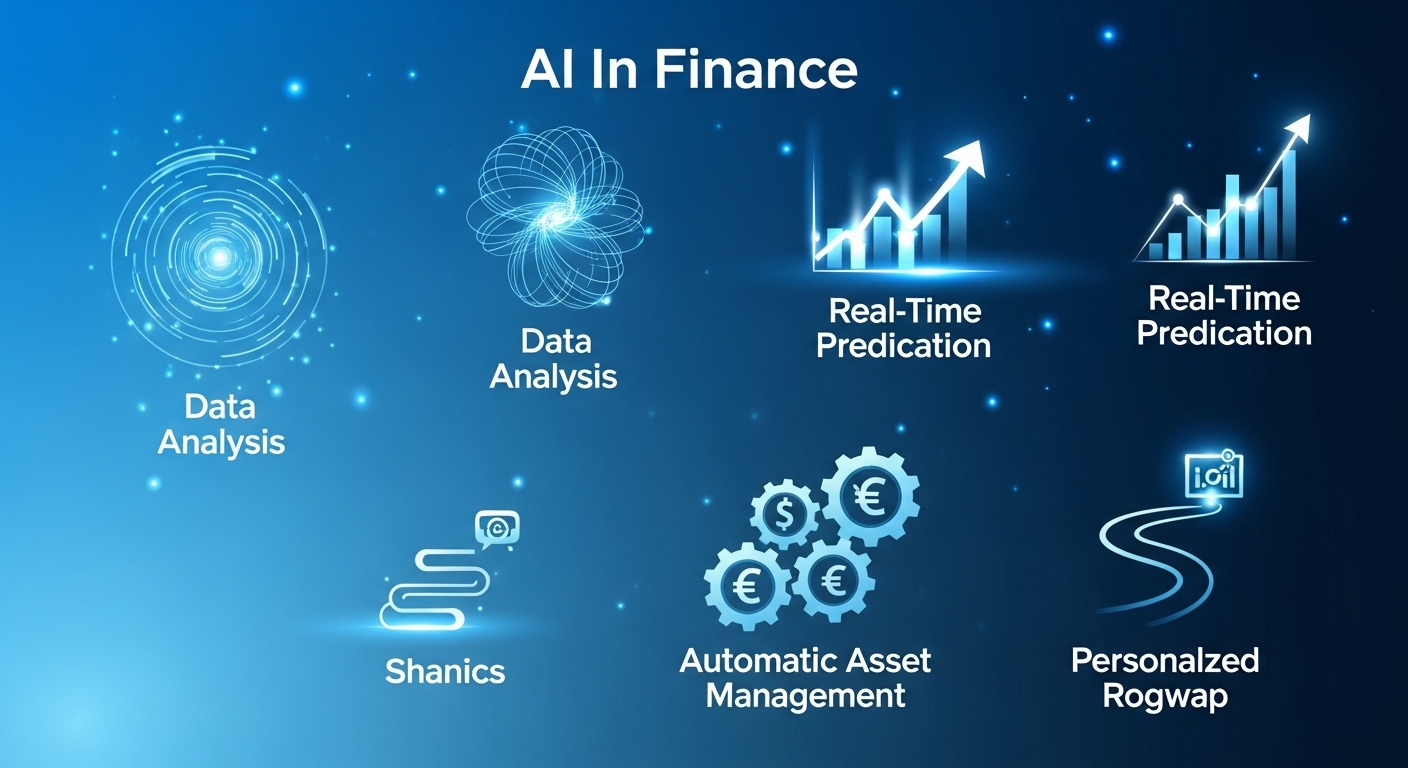 AI가 제공하는 데이터 분석, 시장 예측, 자산 관리, 재무 목표 로드맵 등 2025년 AI 재테크의 핵심 기능을 시각적으로 보여주는 추상적인 인포그래픽