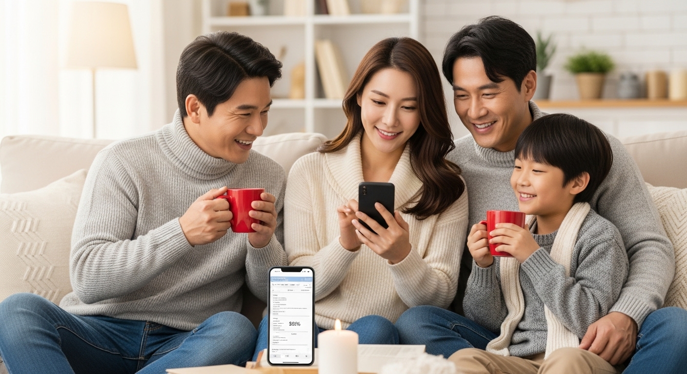 따뜻한 거실에서 가족이 난방비를 절약한 요금 고지서를 보며 행복하게 웃고 있는 모습.