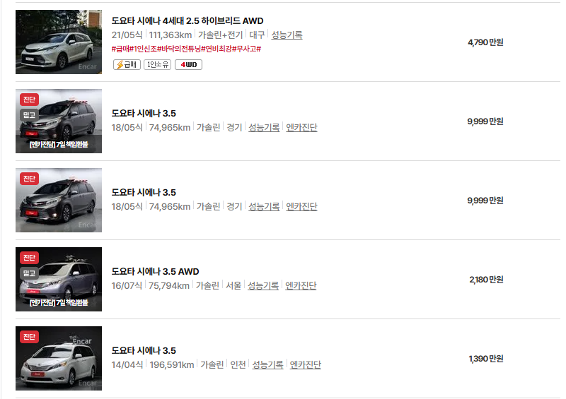 도요타 시에나 중고차 가격 시세표 연비