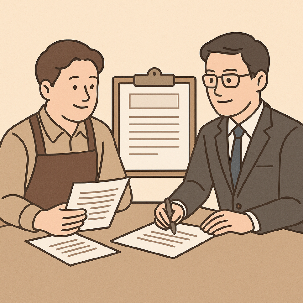 자영업자와 남성이 신용 대출 상담을 하는 이미지.