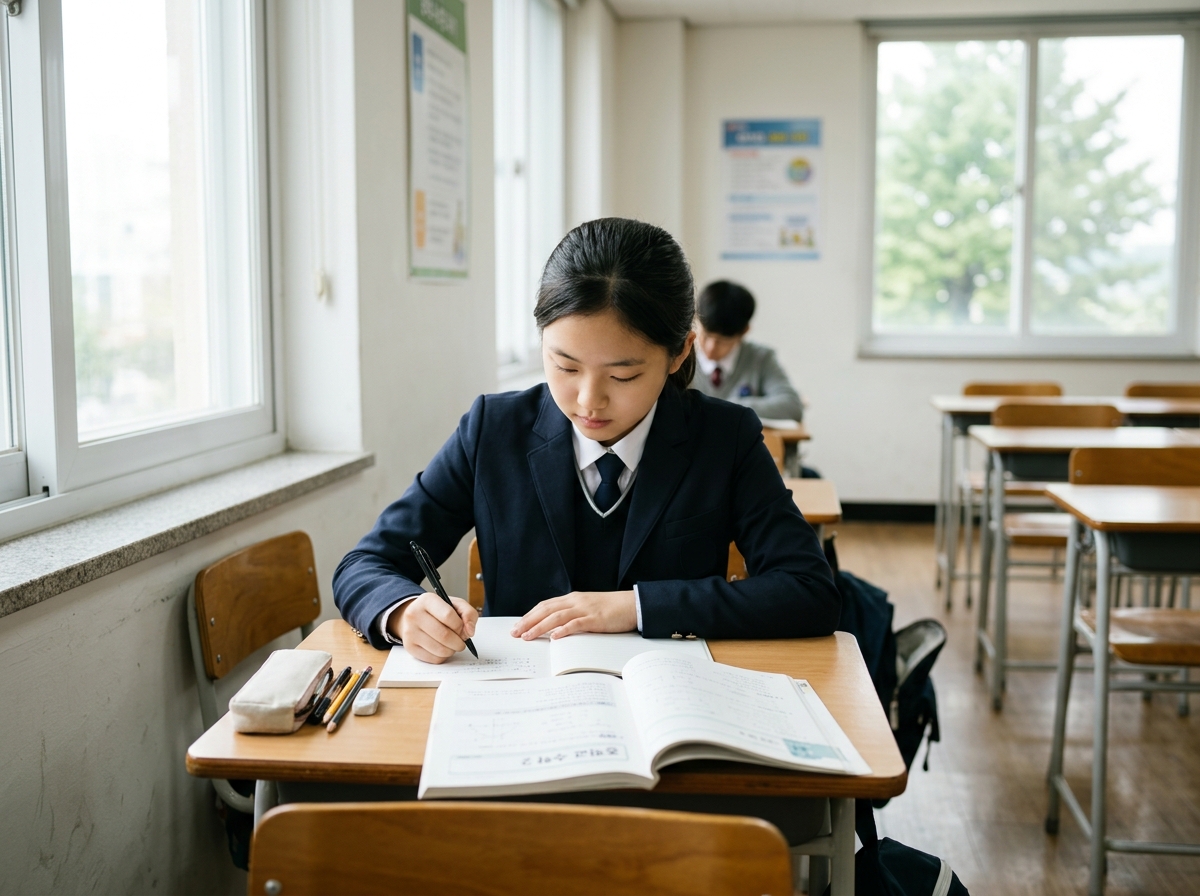 책상에 앉아 집중해서 공부하는 중학생