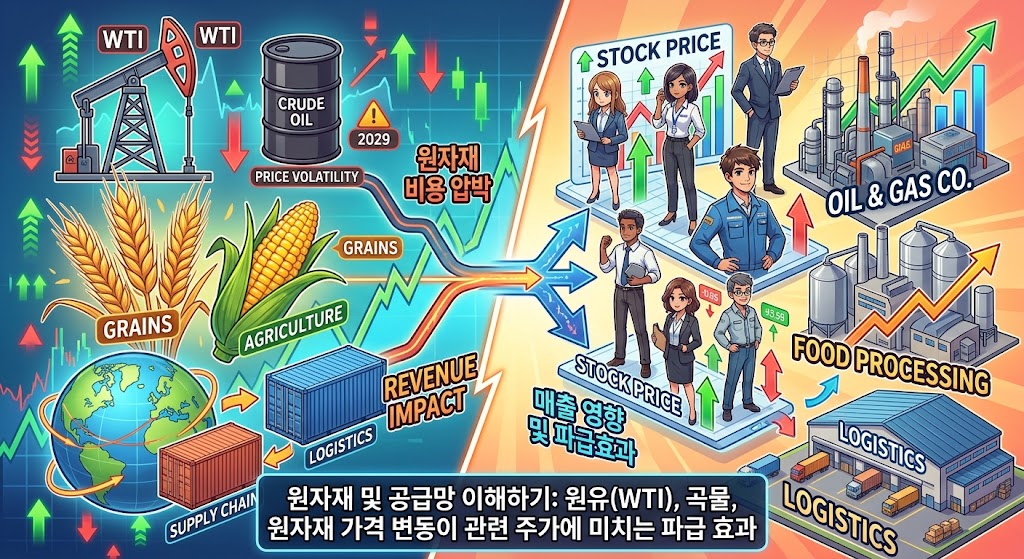 원유(WTI), 곡물, 원자재 가격 변동이 관련 주가에 미치는 파급 효과