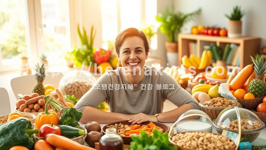 다양한 색깔의 신선한 채소, 과일, 견과류, 곡물 등이 풍성하게 차려진 식탁 앞에서, 활기차고 미소 짓는 여성이 자신감 있는 표정으로 맞춤형 식단을 즐기는 모습.