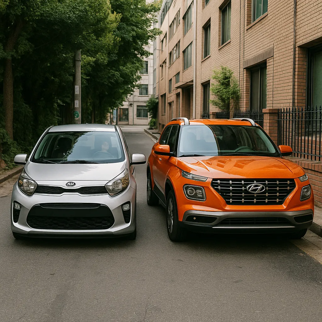 기아 모닝과 현대 베뉴가 도심 골목에 나란히 주차된 모습