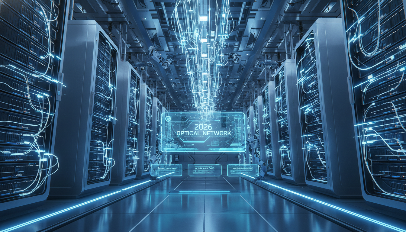 2026년 AI 데이터센터와 푸른 빛으로 연결된 초고속 광통신 인프라 일러스트